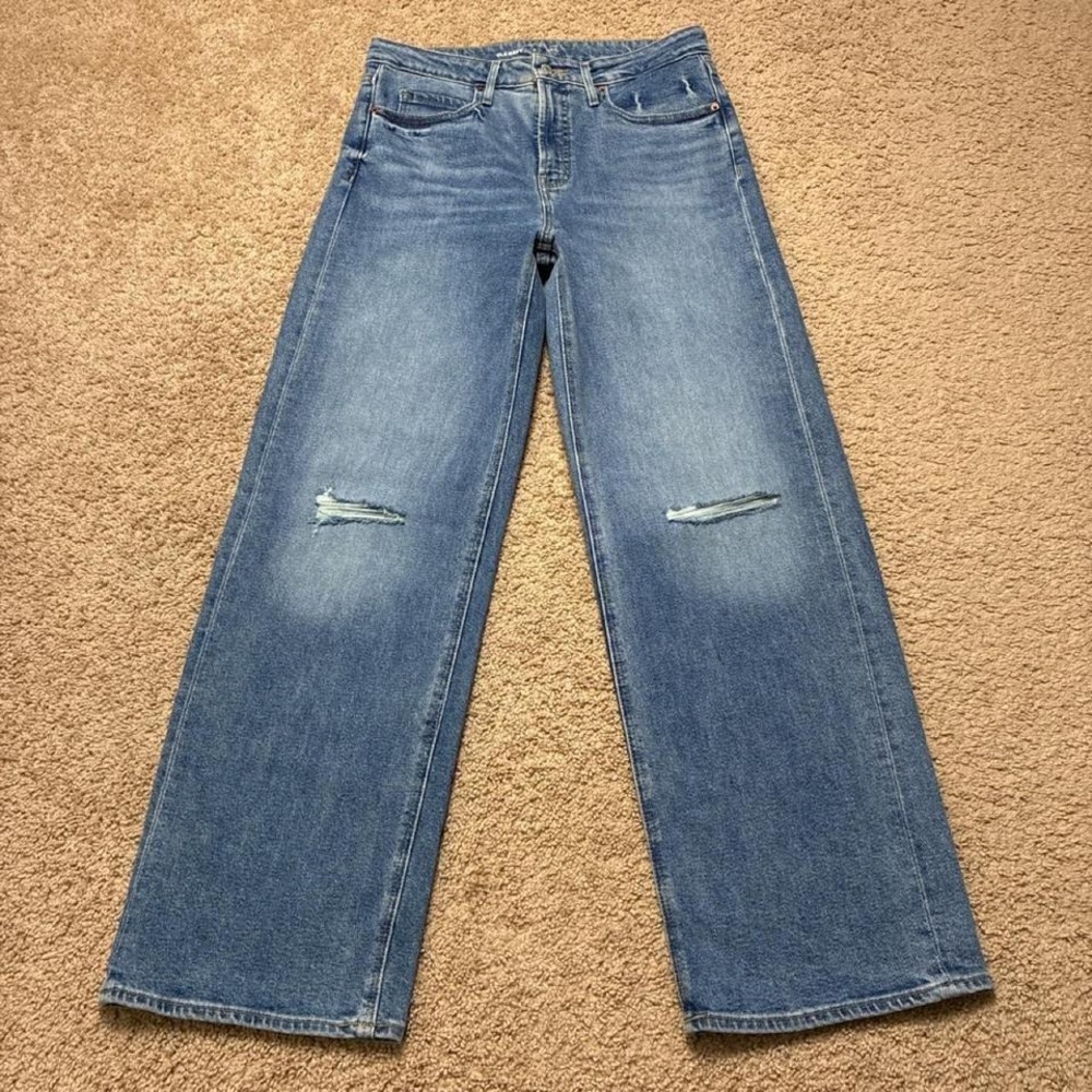 Old Navy Extra High Rise Sky-Hi Wide Leg Distressed Stretch Blue Jeans Size 8